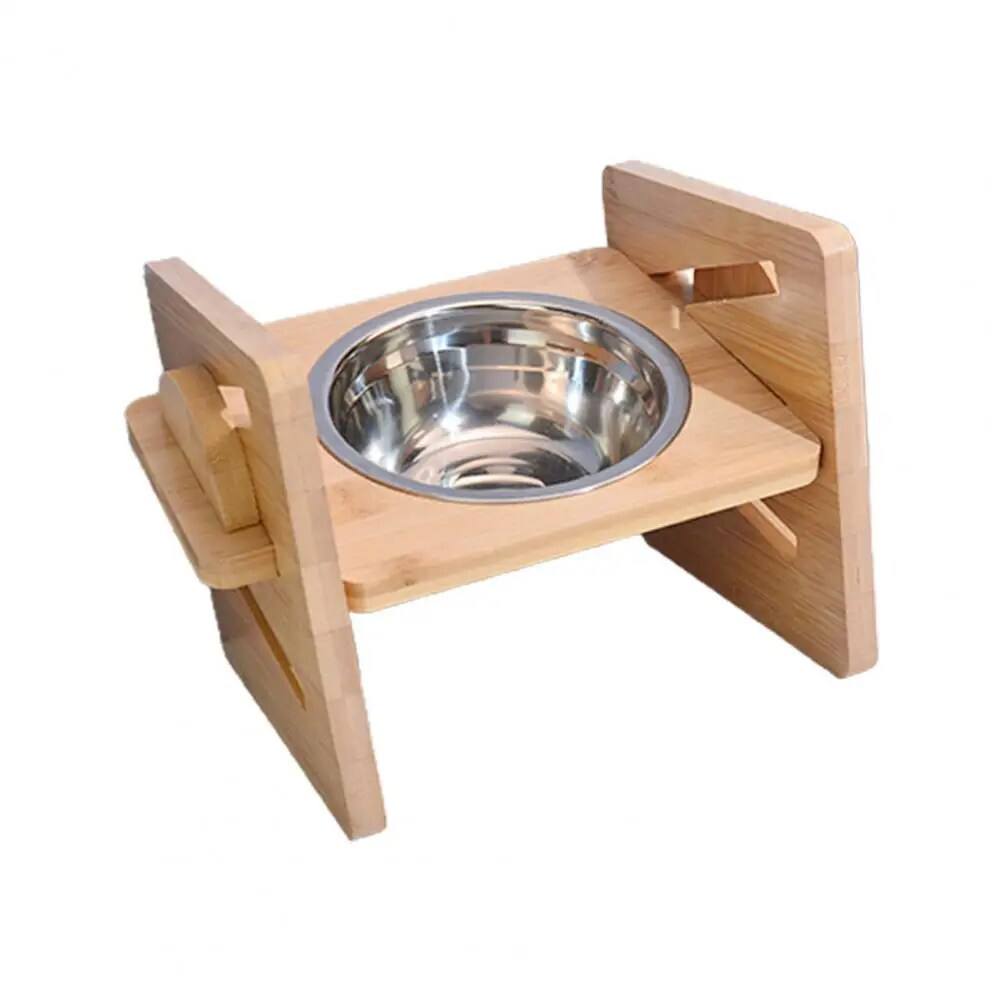 Elevated Cat Food Dish - Stainless Steel Food Dish with Wood Stand