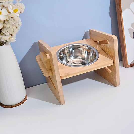 Elevated Cat Food Dish - Stainless Steel Food Dish with Wood Stand